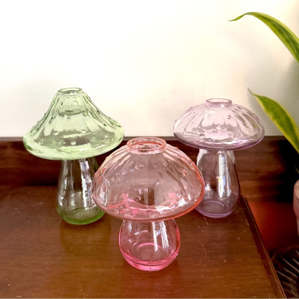 3 Glass Mushroom Vases Pink Green Purple Cottagecore Home Decor Target 4” 5.5”